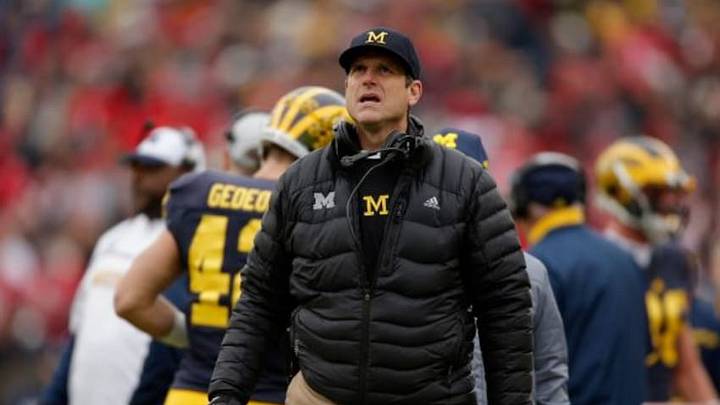 ANN ARBOR, MI - NOVEMBER 28: Head coach Jim Harbaugh of the Michigan Wolverines looks on from the sideline in the first half against the Ohio State Buckeyes at Michigan Stadium on November 28, 2015 in Ann Arbor, Michigan. (Photo by Gregory Shamus/Getty Images)