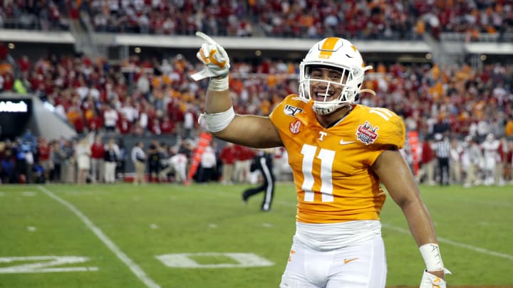 JACKSONVILLE, FL – JANUARY 02: Henry To’o To’o #11 of the Tennessee Volunteers celebrates during the TaxSlayer Gator Bowl against the Indiana Hoosiers at TIAA Bank Field on January 2, 2020 in Jacksonville, Florida. Tennessee defeated Indiana 23-22. (Photo by Joe Robbins/Getty Images)