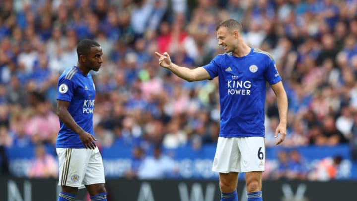 LEICESTER, ENGLAND - AUGUST 11: Ricardo Pereira and Jonny Evans of Leicester City in action during the Premier League match between Leicester City and Wolverhampton Wanderers at The King Power Stadium on August 11, 2019 in Leicester, United Kingdom. (Photo by Matthew Lewis/Getty Images)