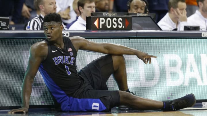 CHARLOTTESVILLE, VA - FEBRUARY 09: Duke Blue Devils Forward (1) Zion Williamson waits to enter the game during a game between the Duke Blue Devils and the University of Virginia Cavaliers at the John Paul Jones Arena in Charlottesville, Virginia on February 9, 2019. (Photo by Justin Cooper/Icon Sportswire via Getty Images)