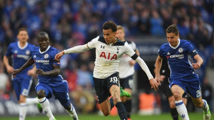 LONDON, ENGLAND - APRIL 22: Dele Alli of Tottenham Hotspur in action during The Emirates FA Cup Semi-Final between Chelsea and Tottenham Hotspur at Wembley Stadium on April 22, 2017 in London, England. (Photo by Laurence Griffiths/Getty Images)