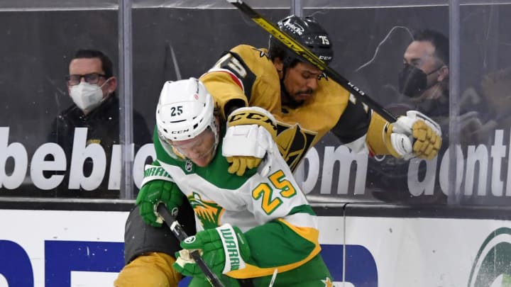 LAS VEGAS, NEVADA – MARCH 03: Ryan Reaves #75 of the Vegas Golden Knights and Jonas Brodin   (Photo by Ethan Miller/Getty Images)