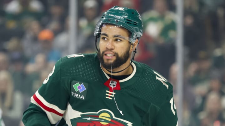 ST PAUL, MN - FEBRUARY 17: Jordan Greenway #18 of the Minnesota Wild looks on against the Dallas Stars in the first period of the game at Xcel Energy Center on February 17, 2023 in St Paul, Minnesota. (Photo by David Berding/Getty Images)