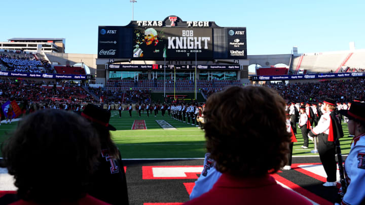 LUBBOCK, TEXAS – NOVEMBER 02: A memorial for former Texas Tech men’s basketball coach Bob Knight is seen on the screen prior to a game between the TCU Horned Frogs and the Texas Tech Red Raiders on November 02, 2023 in Lubbock, Texas. (Photo by Josh Hedges/Getty Images)