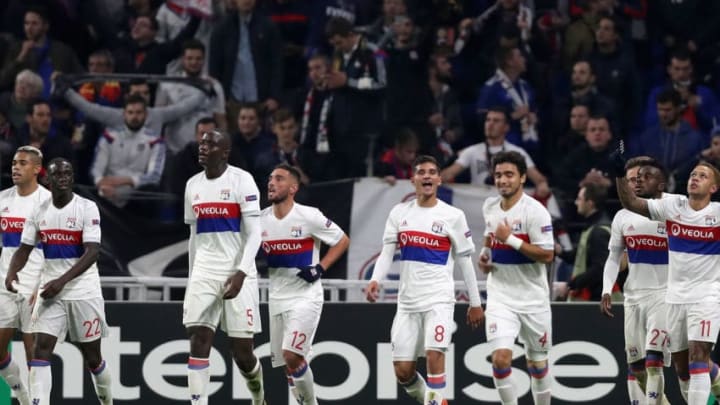 LYON, FRANCE - NOVEMBER 02: Memphis Depay of Lyon celebrates scoring his sides third goal with his Lyon team mates during the UEFA Europa League group E match between Olympique Lyon and Everton FC at Stade de Lyon on November 2, 2017 in Lyon, France. (Photo by Dan Istitene/Getty Images)