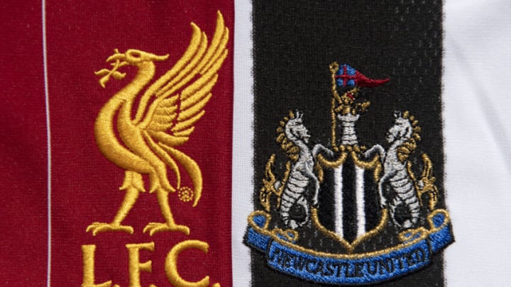 MANCHESTER, ENGLAND - MAY 04: The Liverpool and Newcastle United club crests on their first team home shirts on May 4, 2020 in Manchester, England (Photo by Visionhaus)
