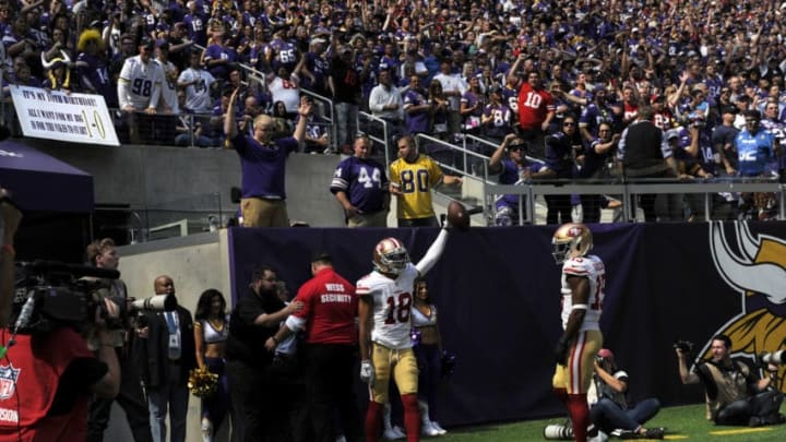 MINNEAPOLIS, MN - SEPTEMBER 09: Dante Pettis #18 of the San Francisco 49ers celebrates after catching a touchdown pass in the third quarter of the game against the Minnesota Vikings at U.S. Bank Stadium on September 9, 2018 in Minneapolis, Minnesota. (Photo by Hannah Foslien/Getty Images)