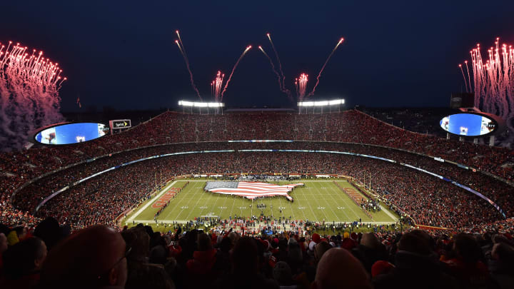 KANSAS CITY, MISSOURI – JANUARY 20: A general view during the national anthem prior to the AFC Championship Game between the New England Patriots and the Kansas City Chiefs at Arrowhead Stadium on January 20, 2019 in Kansas City, Missouri. (Photo by Jason Hanna/Jason Hanna)