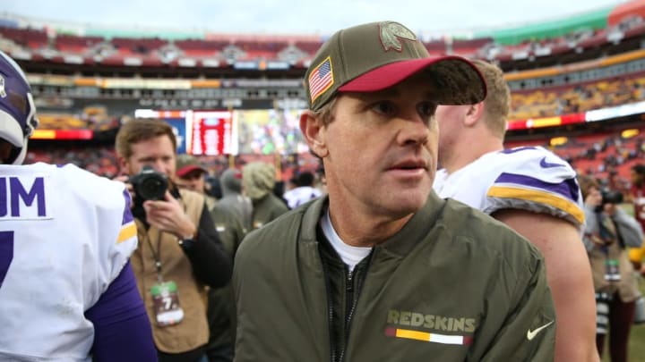 LANDOVER, MD - NOVEMBER 12: Head coach Jay Gruden of the Washington Redskins leaves the field after the Minnesota Vikings defeated the Washington Redskins 38-30 at FedExField on November 12, 2017 in Landover, Maryland. (Photo by Patrick Smith/Getty Images)