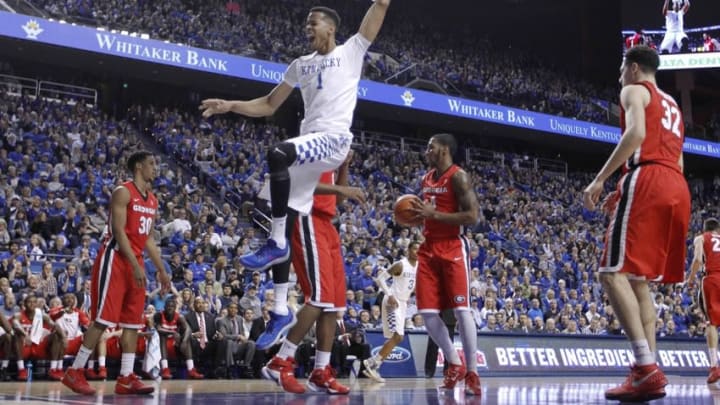 Feb 9, 2016; Lexington, KY, USA; Kentucky Wildcats forward Skal Labissiere (1) reacts after dunk the ball against the Georgia Bulldogs in the first half at Rupp Arena. Kentucky defeated Georgia 82-48. Mandatory Credit: Mark Zerof-USA TODAY Sports