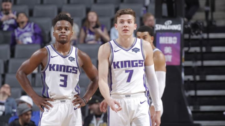 SACRAMENTO, CA - OCTOBER 16: Yogi Ferrell #3 and Kyle Guy #7 of the Sacramento Kings look on during the game against the Melbourne United on October 16, 2019 at Golden 1 Center in Sacramento, California. NOTE TO USER: User expressly acknowledges and agrees that, by downloading and or using this photograph, User is consenting to the terms and conditions of the Getty Images Agreement. Mandatory Copyright Notice: Copyright 2019 NBAE (Photo by Rocky Widner/NBAE via Getty Images)