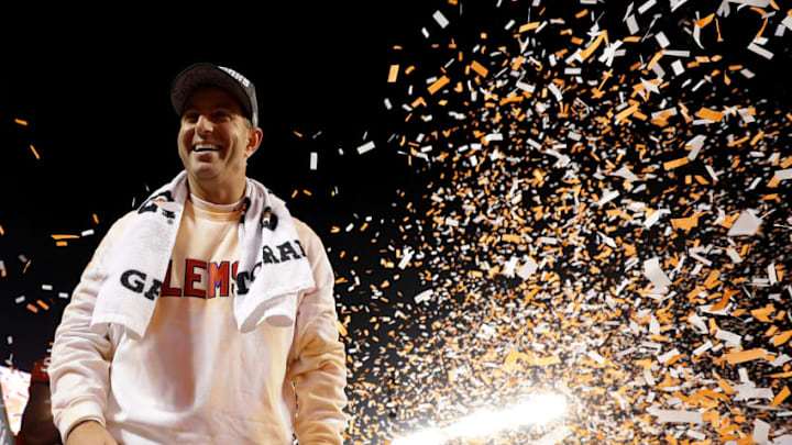 CHARLOTTE, NC - DECEMBER 02: Head coach Dabo Swinney of the Clemson Tigers celebrates after defeating the Miami Hurricanes 38-3 in the ACC Football Championship at Bank of America Stadium on December 2, 2017 in Charlotte, North Carolina. (Photo by Streeter Lecka/Getty Images)