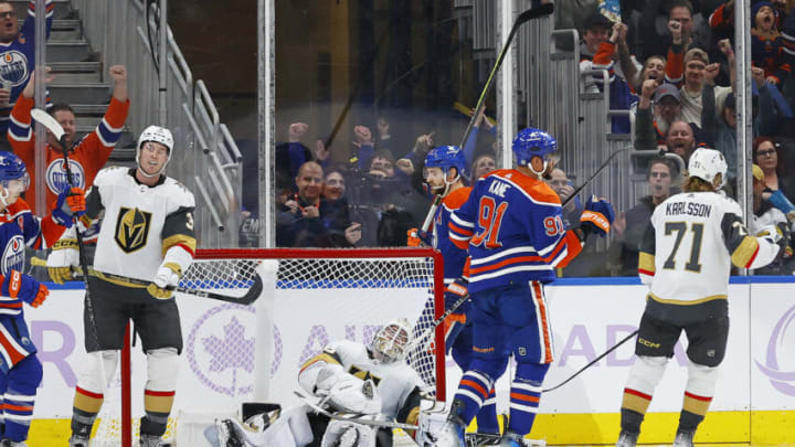 Nov 28, 2023; Edmonton, Alberta, CAN; Edmonton Oilers forward Evander Kane (91) celebrates after scoring a goal during the second period against the Vegas Golden Knights at Rogers Place. Mandatory Credit: Perry Nelson-USA TODAY Sports