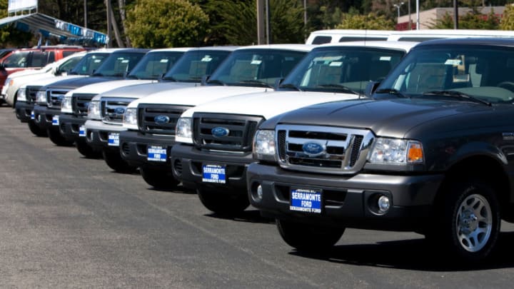 COLMA, CA - APRIL 26: Ford Ranger pickups parked on the lot at the Serramonte Ford dealership on April 26, 2011 in Colma, California. Benefiting from strong demand for smaller cars and pickups Ford Motor Co. beat out Wall Street's estimates by reporting its best first quarter earnings since 1998 with a reported earnings of 2.6 billion dollars. (Photo by David Paul Morris/Getty Images)