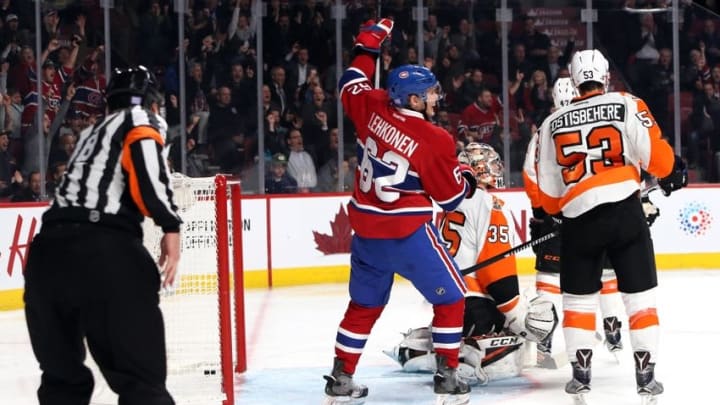 Oct 24, 2016; Montreal, Quebec, CAN; Montreal Canadiens left wing Artturi Lehkonen (62) celebrates a Montreal Canadiens defenseman Shea Weber (6) (not pictured) goal against Philadelphia Flyers goalie Steve Mason (35) and defenseman Shayne Gostisbehere (53) during the second period at Bell Centre. Mandatory Credit: Jean-Yves Ahern-USA TODAY Sports