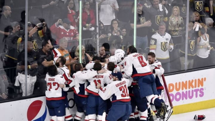 LAS VEGAS, NV - JUNE 07: The Washington Capitals celebrate their 4-3 victory over the Vegas Golden Knights to win the Stanley Cup in Game Five of the 2018 NHL Stanley Cup Final at T-Mobile Arena on June 7, 2018 in Las Vegas, Nevada. (Photo by David Becker/NHLI via Getty Images)