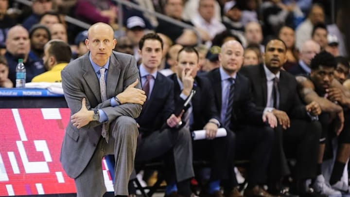 Feb 28, 2016; Newark, NJ, USA; Xavier Musketeers head coach Chris Mack looks on against the Seton Hall Pirates during the second half at Prudential Center. The Pirates won, 90-81. Mandatory Credit: Vincent Carchietta-USA TODAY Sports