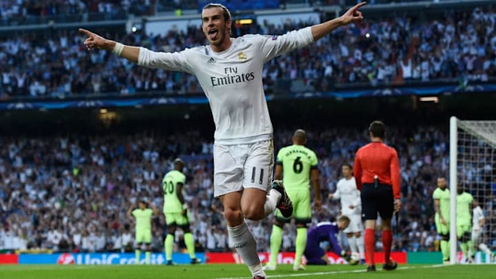 MADRID, SPAIN - MAY 04: Gareth Bale of Real Madrid celebrates scoring the opening goal during the UEFA Champions League semi final, second leg match between Real Madrid and Manchester City FC at Estadio Santiago Bernabeu on May 4, 2016 in Madrid, Spain. (Photo by David Ramos/Getty Images )
