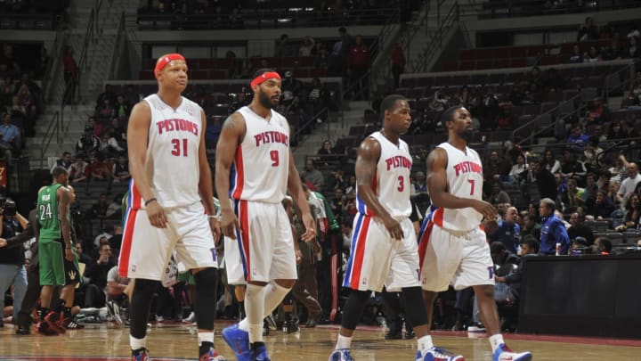 AUBURN HILLS, MI – MARCH 16: Charlie Villanueva #31, Chris Wilcox #9, Rodney Stuckey #3 and Ben Gordon #7 of the Detroit Pistons walk back to the bench during the game against the Toronto Raptors on March 16, 2011 at The Palace of Auburn Hills in Auburn Hills, Michigan. NOTE TO USER: User expressly acknowledges and agrees that, by downloading and/or using this photograph, User is consenting to the terms and conditions of the Getty Images License Agreement. Mandatory Copyright Notice: Copyright 2011 NBAE (Photo by Allen Einstein/NBAE via Getty Images)