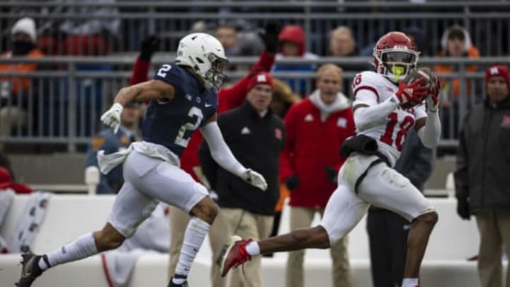 STATE COLLEGE, PA – NOVEMBER 20: Bo Melton #18 of the Rutgers Scarlet Knights catches a pass as Keaton Ellis #2 of the Penn State Nittany Lions defends during the second half at Beaver Stadium on November 20, 2021 in State College, Pennsylvania. (Photo by Scott Taetsch/Getty Images)