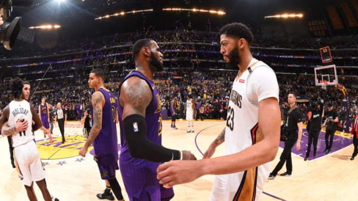 LOS ANGELES, CA - DECEMBER 21: LeBron James #23 of the Los Angeles Lakers and Anthony Davis #23 of the New Orleans Pelicans shake hands after a game on December 21, 2018 at STAPLES Center in Los Angeles, California. NOTE TO USER: User expressly acknowledges and agrees that, by downloading and/or using this Photograph, user is consenting to the terms and conditions of the Getty Images License Agreement. Mandatory Copyright Notice: Copyright 2018 NBAE (Photo by Andrew D. Bernstein/NBAE via Getty Images)