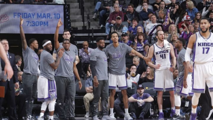 SACRAMENTO, CA - MARCH 5: The Sacramento Kings bench cheer on their teammates against the Utah Jazz on March 5, 2017 at Golden 1 Center in Sacramento, California. NOTE TO USER: User expressly acknowledges and agrees that, by downloading and or using this photograph, User is consenting to the terms and conditions of the Getty Images Agreement. Mandatory Copyright Notice: Copyright 2017 NBAE (Photo by Rocky Widner/NBAE via Getty Images)