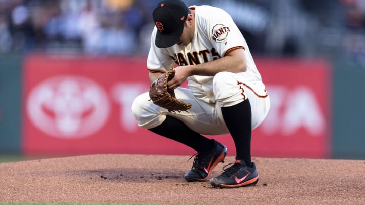 Jun 13, 2017; San Francisco, CA, USA; San Francisco Giants relief pitcher Ty Blach (50) prepares for the pitch against the Kansas City Royals in the first inning at AT&T Park. Mandatory Credit: John Hefti-USA TODAY Sports