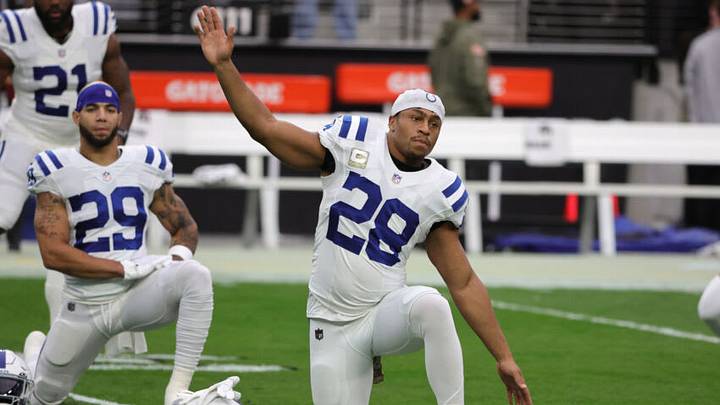 Jonathan Taylor #28 of the Indianapolis Colts stretches during warmups before a game against the Las Vegas Raiders at Allegiant Stadium on November 13, 2022 in Las Vegas, Nevada. (Photo by Ethan Miller/Getty Images) Jonathan Taylor #28 of the Indianapolis Colts stretches during warmups before a game against the Las Vegas Raiders at Allegiant Stadium on November 13, 2022 in Las Vegas, Nevada. (Photo by Ethan Miller/Getty Images)
