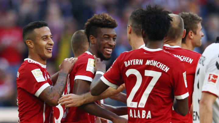 MUNICH, GERMANY - OCTOBER 14: Kingsley Coman of Bayern Muenchen (2nd left) celebrates with his team after he scored his teams second goal to make it 2:0 during the Bundesliga match between FC Bayern Muenchen and Sport-Club Freiburg at Allianz Arena on October 14, 2017 in Munich, Germany. (Photo by Adam Pretty/Bongarts/Getty Images)