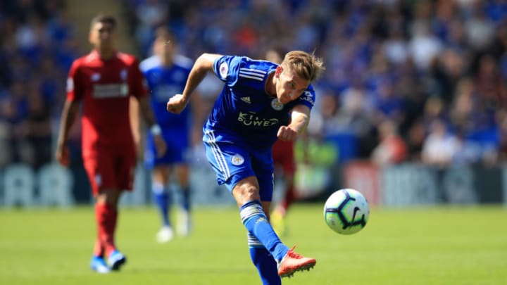 LEICESTER, ENGLAND - SEPTEMBER 01: Marc Albrighton of Leicester City shoots during the Premier League match between Leicester City and Liverpool FC at The King Power Stadium on September 1, 2018 in Leicester, United Kingdom. (Photo by Marc Atkins/Getty Images)