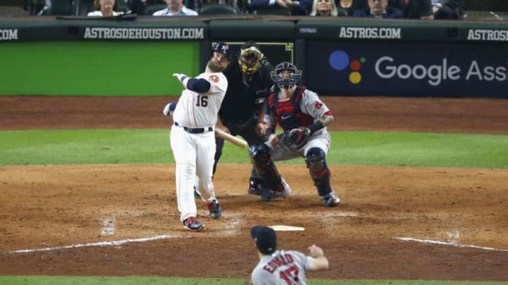 HOUSTON, TX - OCTOBER 16: Brian McCann #16 of the Houston Astros flies out against Nathan Eovaldi #17 of the Boston Red Sox to end the 6th inning during Game Three of the American League Championship Series at Minute Maid Park on October 16, 2018 in Houston, Texas. (Photo by Tim Warner/Getty Images)