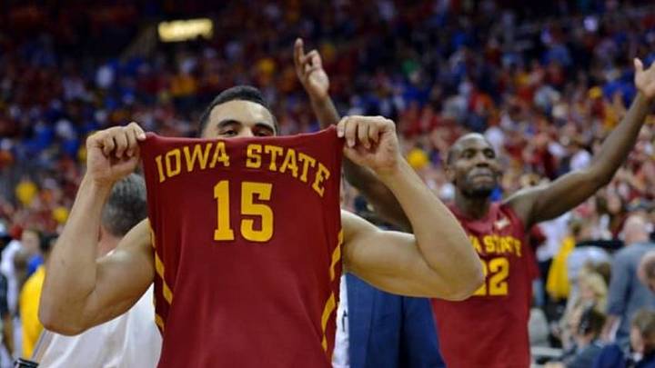 Mar 14, 2015; Kansas City, MO, USA; Iowa State Cyclones guard Naz Long (15) celebrates after the win over the Kansas Jayhawks in the championship game of the Big 12 tournament at Sprint Center. Iowa State Cyclones won 70-66. Mandatory Credit: Denny Medley-USA TODAY Sports
