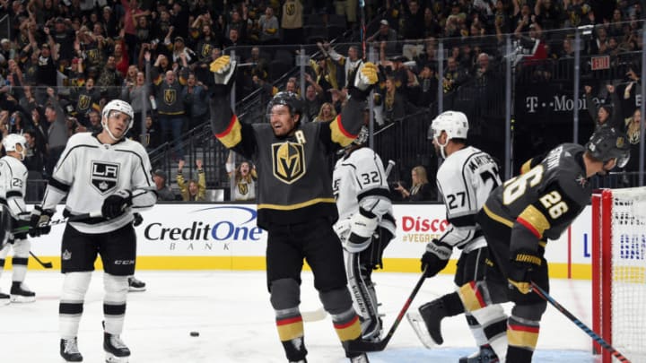 LAS VEGAS, NEVADA - SEPTEMBER 27: Mark Stone #61 of the Vegas Golden Knights celebrates after a goal by teammate Brayden McNabb #3 during the third period against the Los Angeles Kings at T-Mobile Arena on September 27, 2019 in Las Vegas, Nevada. (Photo by David Becker/NHLI via Getty Images)