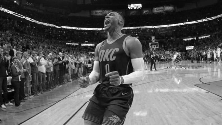 OKLAHOMA CITY, OK- DECEMBER 3: (EDITORS NOTE: Image has been converted to black and white.) Russell Westbrook