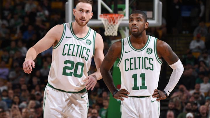 BOSTON, MA - OCTOBER 2: Gordon Hayward #20 and Kyrie Irving #11 of the Boston Celtics are seen during the game against the Charlotte Hornets during a preseason game on October 2, 2017 at the TD Garden in Boston, Massachusetts. Copyright 2017 NBAE (Photo by Brian Babineau/NBAE via Getty Images)
