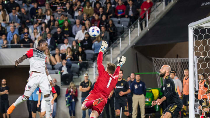 LOS ANGELES, CA - MAY 26: Darren Mattocks #11 of D.C. United scores a goal during Los Angeles FC's MLS match against DC United at the Banc of California Stadium on May 26, 2018 in Los Angeles, California. The match ended in a 1-1 tie. (Photo by Shaun Clark/Getty Images)