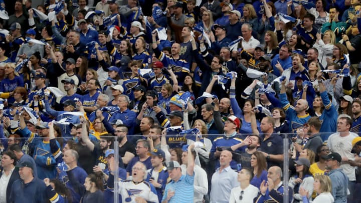 ST LOUIS, MISSOURI - MAY 17: St. Louis Blues fans cheer against the San Jose Sharks during the third period in Game Four of the Western Conference Finals during the 2019 NHL Stanley Cup Playoffs at Enterprise Center on May 17, 2019 in St Louis, Missouri. (Photo by Elsa/Getty Images)