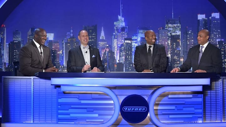 NEW YORK, NY - MAY 13: (L-R) Shaquille O'Neal, Ernie Johnson, Kenny Smith, and Charles Barkley appear on stage during the Turner Upfront 2015 at Madison Square Garden on May 13, 2015 in New York City.25201_002_TW_0792.JPG (Photo by Theo Wargo/Getty Images for Turner)