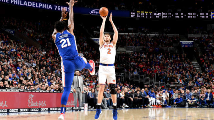PHILADELPHIA, PA - DECEMBER 19: Luke Kornet #2 of the New York Knicks shoots the ball against the Philadelphia 76ers on December 19, 2018 at the Wells Fargo Center in Philadelphia, Pennsylvania NOTE TO USER: User expressly acknowledges and agrees that, by downloading and/or using this Photograph, user is consenting to the terms and conditions of the Getty Images License Agreement. Mandatory Copyright Notice: Copyright 2018 NBAE (Photo by Jesse D. Garrabrant/NBAE via Getty Images)