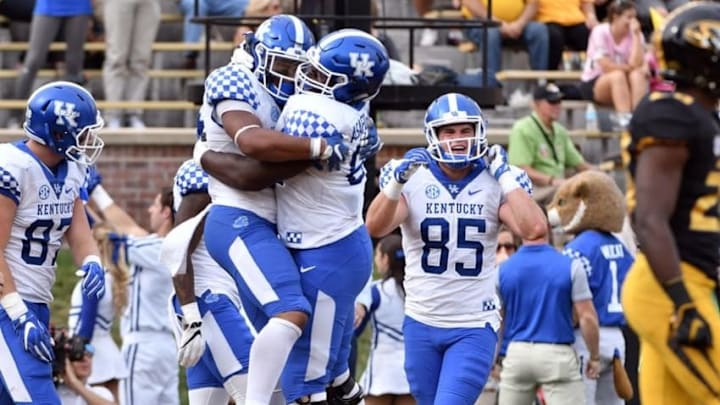 Oct 29, 2016; Columbia, MO, USA; Kentucky Wildcats running back Benjamin Snell Jr. (26) celebrates with wide receiver Blake Bone (6) after Snell scores during the second half against the Missouri Tigers at Faurot Field. Kentucky won 35-21. Mandatory Credit: Denny Medley-USA TODAY Sports Oct 29, 2016; Columbia, MO, USA; Kentucky Wildcats running back Benjamin Snell Jr. (26) celebrates with wide receiver Blake Bone (6) after Snell scores during the second half against the Missouri Tigers at Faurot Field. Kentucky won 35-21. Mandatory Credit: Denny Medley-USA TODAY Sports