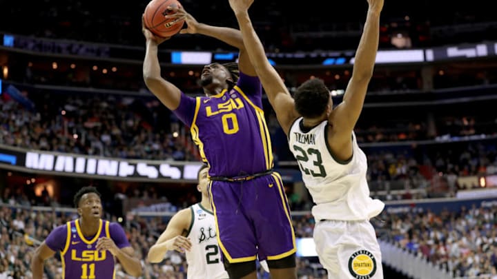 WASHINGTON, DC - MARCH 29: Naz Reid #0 of the LSU Tigers shoots the ball against Xavier Tillman #23 of the Michigan State Spartans during the second half in the East Regional game of the 2019 NCAA Men's Basketball Tournament at Capital One Arena on March 29, 2019 in Washington, DC. (Photo by Patrick Smith/Getty Images)