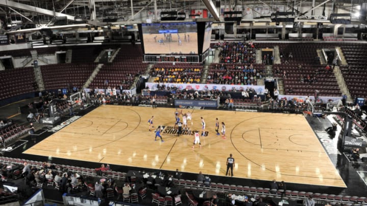 MISSISSAUGA, ON, CANADA - JANUARY 10: Opening tip of the NBA G League Showcase Game 1 between the Santa Cruz Warriors and the Grand Rapids Drive on January 10, 2018 at the Hershey Centre in Mississauga, Ontario Canada. NOTE TO USER: User expressly acknowledges and agrees that, by downloading and or using this photograph, user is consenting to the terms and conditions of Getty Images License Agreement. Mandatory Copyright Notice: Copyright 2018 NBAE (Photo by Randy Belice/NBAE via Getty Images)