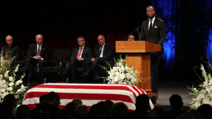 PHOENIX, ARIZONA - AUGUST 30: Wide Receiver for the Arizona Cardinals Larry Fitzgerald speaks during a memorial service to celebrate the life of of U.S. Sen. John McCain at the North Phoenix Baptist Church on August 30, 2018 in Phoenix, Arizona. Thousands are expected for the memorial which will include tributes and readings for the late senator who died August 25 at the age of 81 after a long battle with Glioblastoma, a form of brain cancer. (Photo by Justin Sullivan/Getty Images)