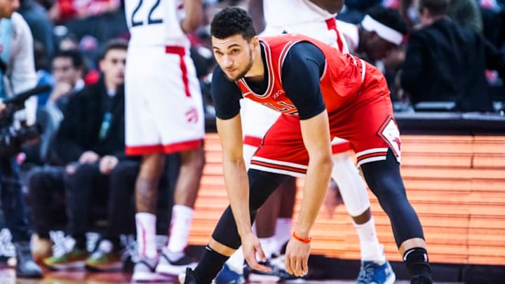 TORONTO, ONTARIO - OCTOBER 13: Zach LaVine #8 of the Chicago Bulls stands on the court before playing the Toronto Raptors during their NBA basketball pre-season game at Scotiabank Arena on October 13, 2019 in Toronto, Canada. NOTE TO USER: User expressly acknowledges and agrees that, by downloading and or using this photograph, User is consenting to the terms and conditions of the Getty Images License Agreement. (Photo by Mark Blinch/Getty Images)