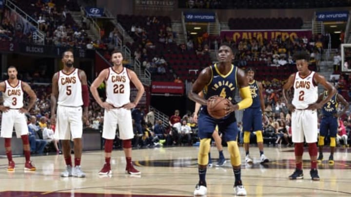 CLEVELAND, OH – OCTOBER 8: Victor Oladipo #4 of the Indiana Pacers shoots the ball against the Cleveland Cavaliers during a pre-season game on October 8, 2018, at Quicken Loans Arena, in Cleveland, Ohio. (Photo by David Liam Kyle/NBAE via Getty Images)