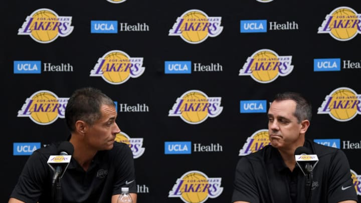 EL SEGUNDO, CALIFORNIA - SEPTEMBER 27: Los Angeles Lakers General Manager, Rob Pelinka and head coach, Frannk Vogel speak to the press during Los Angeles Laker media day at UCLA Health Training Center on September 27, 2019 in El Segundo, California. (Photo by Harry How/Getty Images)