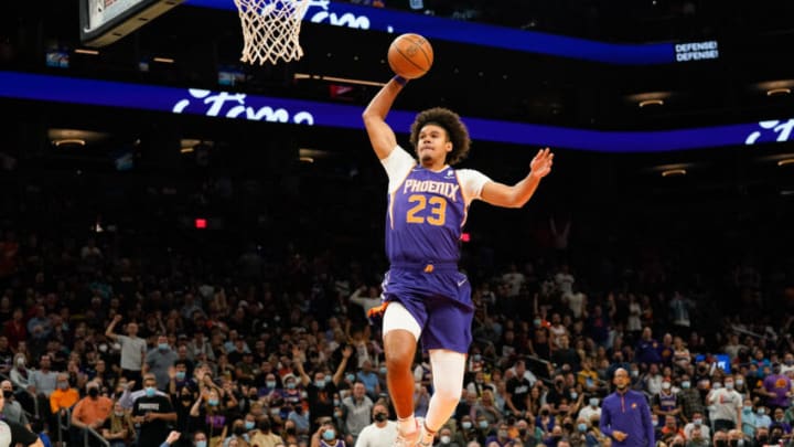 Nov 6, 2021; Phoenix, Arizona, USA; Phoenix Suns forward Cam Johnson (23) with a dunk against the Atlanta Hawks in the first half at Footprint Center. Mandatory Credit: Allan Henry-USA TODAY Sports