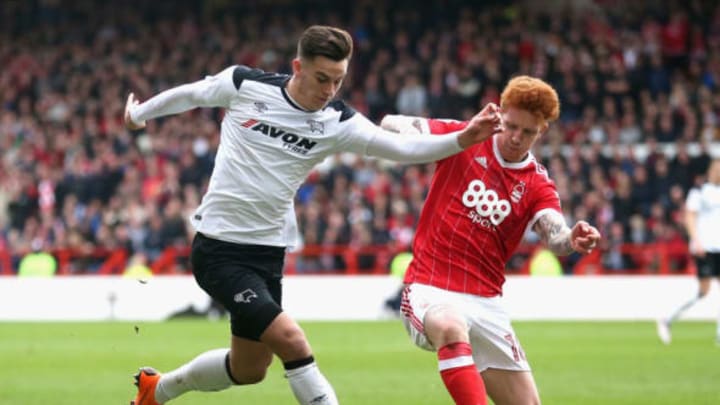 NOTTINGHAM, ENGLAND – MARCH 11: Jack Colback of Nottingham Forest and Tom Lawrence of Derby County in action during the Sky Bet Championship match between Nottingham Forest and Derby County at City Ground on March 11, 2018 in Nottingham, England. (Photo by Alex Pantling/Getty Images)