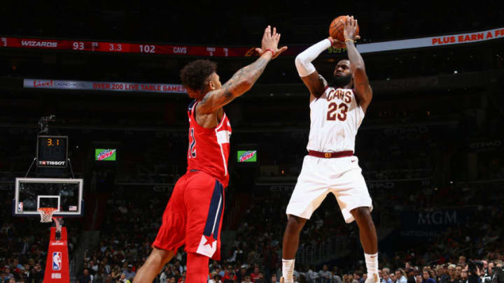 WASHINGTON, DC -  NOVEMBER 3: LeBron James #23 of the Cleveland Cavaliers shoots the ball against the Washington Wizards on November 3, 2017 at Capital One Arena in Washington, DC. NOTE TO USER: User expressly acknowledges and agrees that, by downloading and or using this Photograph, user is consenting to the terms and conditions of the Getty Images License Agreement. Mandatory Copyright Notice: Copyright 2017 NBAE (Photo by Ned Dishman/NBAE via Getty Images)
