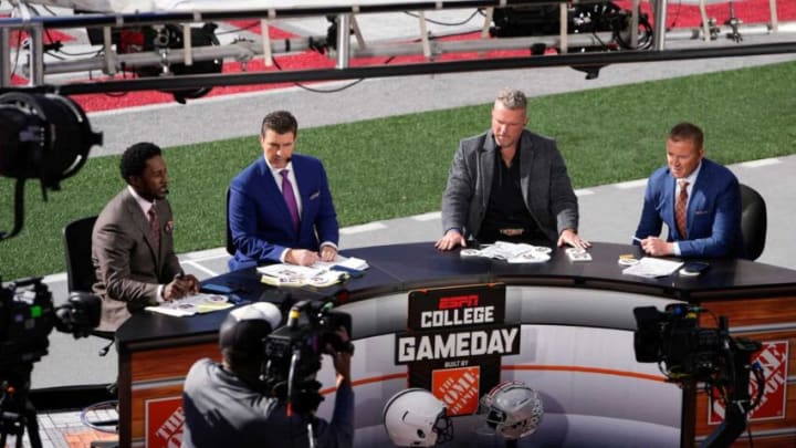 Oct 21, 2023; Columbus, Ohio, USA; The ESPN College Gameday crew broadcasts from the field prior to the NCAA football game between the Ohio State Buckeyes and the Penn State Nittany Lions at Ohio Stadium.